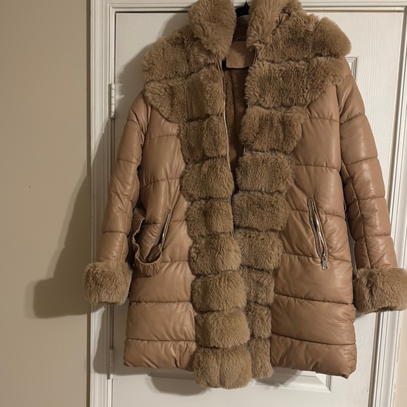 Women's Tan Faux Fur Trim Puffer Coat - Picture 1 of 3